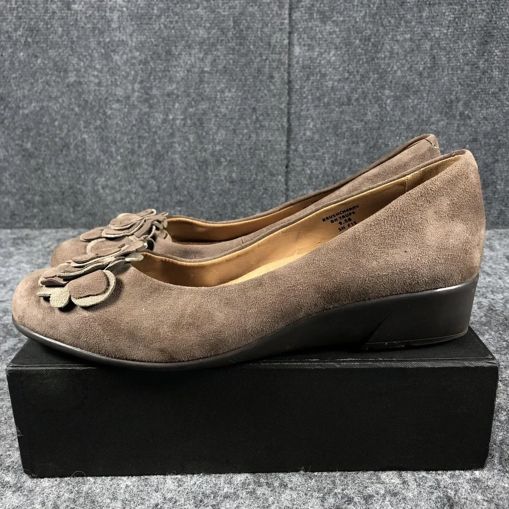 Earth Brushcherry Shoes Womens Size 9.5B Dark Taupe Leather Flower Wedge Comfort